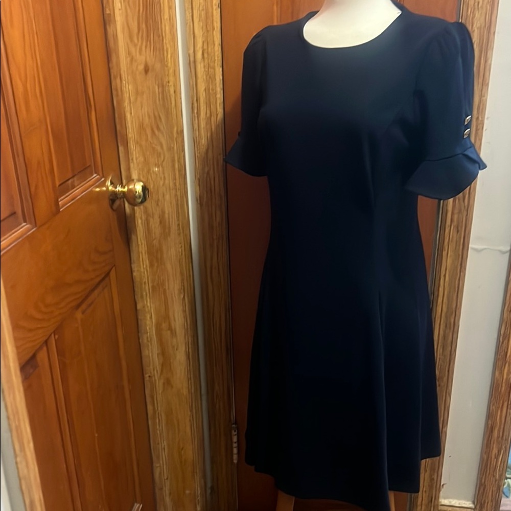 Navy blue A-Line Flutter Sleeve Dress for Work